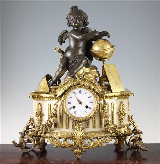 A 19th century French bronze and ormolu mounted marble mantel clock, 20in.